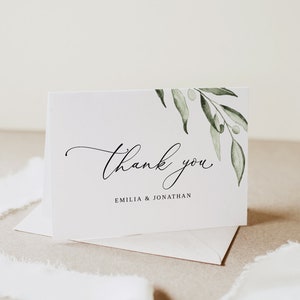 Olive Wedding Thank You Card, Greenery Wedding Thank You Card Template, Folded Thank You Card, Printable Thanks Card, Templett, #B94