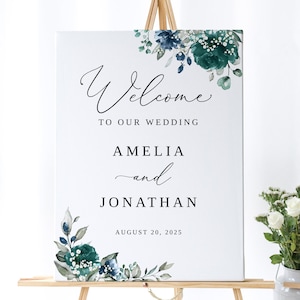 Teal Navy Baby&#39;s Breath Wedding Welcome Sign, Teal Wedding Welcome Sign Template, Printable Sign, Templett, #B167