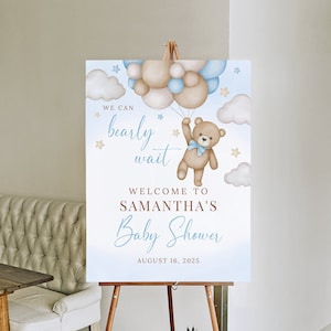 BlueTeddy Bear Baby Shower Welcome Sign, We Can Bearly Wait Baby Shower Sign, Editable Boho Baby Shower Sign Blue Balloons Baby Shower, B175