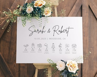 Signo de orden de eventos de boda minimalista, signo de línea de tiempo de boda moderna, orden del día de la boda signo infográfico calendario de bodas, B127