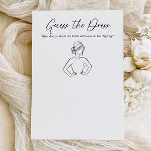 Könnte beinhalten: Eine weiße Karte mit dem Text "Guess the Dress" und "What do you think the Bride will wear on her Big Day?" in schwarzer Schrift. Eine Strichzeichnung einer Frau befindet sich unter dem Text. Die Karte befindet sich auf einem weißen und beigen Hintergrund.