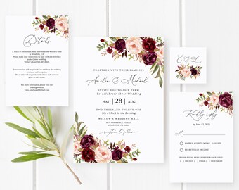 Marsala Floral Wedding Invitation Template, Editable Wine Burgundy Suite (Templett)