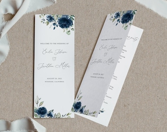 Navy Wedding Program Template, Dark Blue Wedding Program Folded, Floral Wedding Program, Bifold Program, Templett, #B34