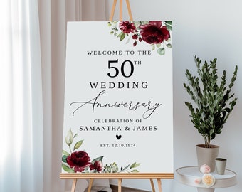 50th Anniversary Welcome Sign, Burgundy Wedding Anniversary Sign, Happy Anniversary, Anniversary Decor, Burgundy Flowers, Templett, #B35