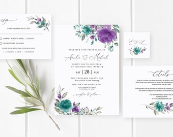 Purple and Teal Wedding Invitation Template, Teal and Lavender Wedding Invitation, Floral Wedding Invitation, Templett, #B16