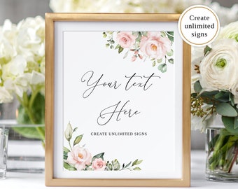 Blush Wedding Sign, Edit Yourself, Custom Wedding Sign Template, Floral Wedding Sign, Printable Signs, Blush Pink Flowers, Templett, #B33