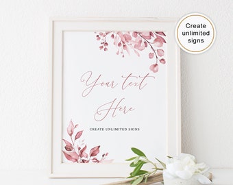 Dusty Pink Wedding Editable Sign, Edit Yourself, Custom Wedding Sign Template, Floral Pink Wedding Sign, Printable Signs, Templett, #B90