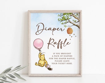 Classico modello di cartello per lotteria di pannolini per baby shower Winnie-The-Pooh, cartello per tavolo da doccia per bambina Winnie The Pooh Gioco di lotteria per pannolini B189