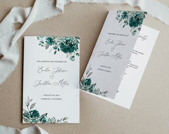 Teal and Baby's Breath Wedding Program Template, Turquoise Wedding Program Folded, Floral Wedding Program Printable, Templett, #B164