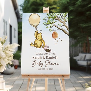 Winnie-The-Pooh Baby Shower Welcome Sign, Gender Neutral Baby Shower Sign, Winnie The Pooh Welcome Sign Editable Template, B190