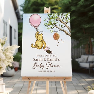 Winnie The Pooh Baby Shower Segno di benvenuto, Baby Girl Shower Sign, Winnie-The-Pooh Segno di benvenuto modello modificabile Ragazze Baby Shower, B189