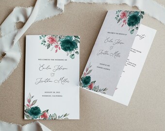 Teal and Pink Wedding Program Template, Turquoise Wedding Program Folded, Floral Wedding Program Printable, Templett, #B142