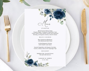 Navy Wedding Menu Template, Blue Wedding Menu, Floral Wedding Menu Printable, Boho Wedding Menu, Templett, #B34