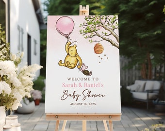 Pink Winnie The Pooh Baby Shower Welcome Sign, Baby Girl Shower Sign, Winnie-The-Pooh Welcome Sign Editable Template Girls Baby Shower, B191