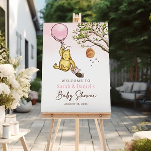 Rosa Winnie The Pooh Baby Shower Segno di benvenuto, Baby Girl Shower Sign, Winnie-The-Pooh Segno di benvenuto modello modificabile Ragazze Baby Shower, B191