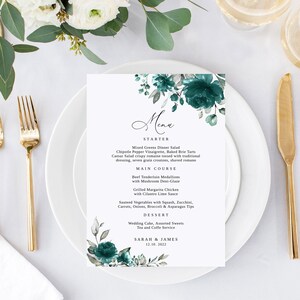 Modello di menu di nozze verde acqua, menu di nozze verde acqua e grigio, menu di nozze floreale stampabile, menu di nozze Boho, Templett, #B38