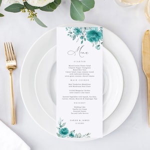 Modèle de Menu de mariage bleu sarcelle, Menu de mariage turquoise, Menu de mariage floral imprimable, Menu de mariage Boho, Templett, # B143