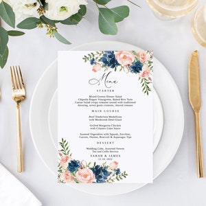 Navy and Blush Wedding Menu Template, Blue and Pink Wedding Menu, Floral Wedding Menu Printable, Boho Wedding Menu, Templett, #B68