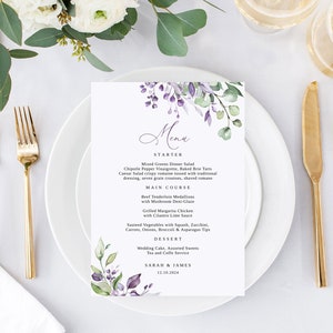 Modello di menu di nozze viola verde, menu di nozze lavanda, menu di nozze floreale stampabile, Templett, #B125