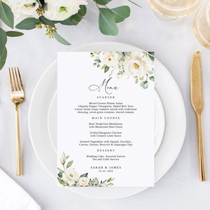 Modello di menu di nozze floreale bianco, menu di nozze stampabile, menu di nozze Boho, fiori bianchi, Templett, #B36