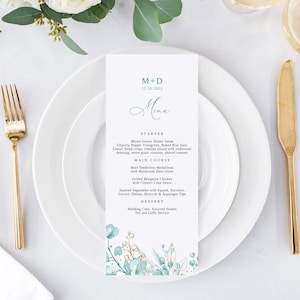 Aqua Gold Wedding Menu Template, Aqua Blue Wedding Menu, Egg Blue Wedding Menu Printable, Templett, #B146