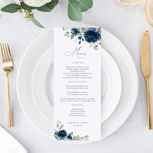 Plantilla de menú de boda azul marino, menú de boda azul, menú de boda floral imprimible, menú de boda boho, Templett, #B34