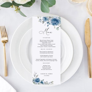 Modèle de menu de mariage bleu poussiéreux, menu de mariage bleu, menu de mariage floral imprimable, menu de mariage bohème, Templett, # B97