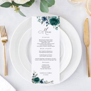Plantilla de menú de boda Teal Navy, menú de boda azul teal, menú de boda floral imprimible, menú de boda Boho, Templett, #B155