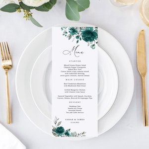 Teal Wedding Menu Template, Teal and Gray Wedding Menu, Floral Wedding Menu Printable, Boho Wedding Menu, Templett, #B38