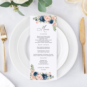 Navy and Blush Wedding Menu Template, Blue and Pink Wedding Menu, Floral Wedding Menu Printable, Boho Wedding Menu, Templett, #B68