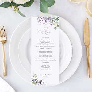 Modèle de Menu de mariage violet verdure, menu de mariage lavande, menu de mariage floral imprimable, Templett, #B125