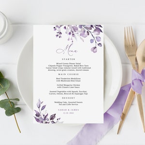 Dusty Purple Wedding Menu Template, Lavender Wedding Menu, Floral Wedding Menu Printable, Templett, #B64