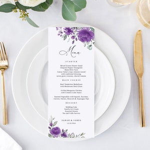 Modèle de Menu de mariage violet, menu de mariage lavande, menu de mariage floral imprimable, Templett, # B150