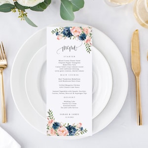 Navy Blush Wedding Menu Template, Blue and Pink Wedding Menu, Floral Wedding Menu Printable, Boho Wedding Menu, Templett, #B30