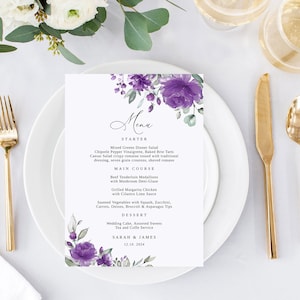 Purple Wedding Menu Template, Lavender Wedding Menu, Floral Wedding Menu Printable, Templett, #B150