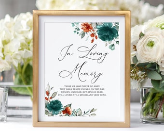In Loving Memory Sign, Memorial Wedding Sign, Teal Orange Wedding In Loving Memory Sign, Editable Memory Sign, Templett, #B141