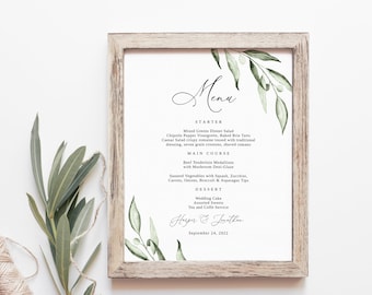 Sinal de menu de casamento verde-oliva, modelo de menu de casamento com vegetação, menu de casamento 8x10 para impressão, menu de casamento, menu de jardim, menu de jantar, Templett, #B94