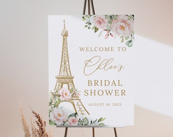 Paris Bridal Shower Sign, Eiffel Tower, Floral Blush Bridal Shower Welcome Sign, Bridal Brunch Welcome, Bachelorette Party, Templett, B236