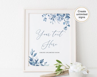 Dusty Blue Wedding Editable Sign, Edit Yourself, Custom Wedding Sign Template, Floral Blue Wedding Sign, Printable Signs, Templett, #B63