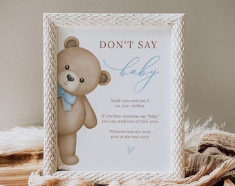 Bewerkbare babyshower Don't Say Baby-spelsjabloon, berenbabyshowerspellen, ideeën voor babyshower jongens, teddybeerthema, B215