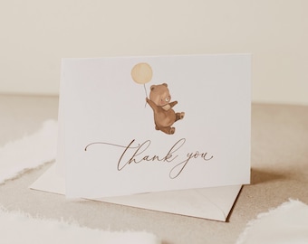 Editable Gender Neutral Baby Shower Thank You Card Bear Baby Shower Thank You Card, Folded Thank You Card Bear Balloon Thank You Card, B168