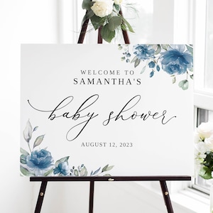 Dusty Blue Baby Shower Welcome Sign, Floral Blue Welcome Sign Template, Floral Baby Shower Welcome Sign, Templett, #B97