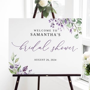 Green and Purple Bridal Shower Welcome Sign, Purple Greenery Welcome Sign Template, Floral Bridal Shower Welcome Sign, Templett, #B125