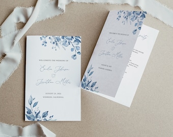 Dusty Blue Wedding Program Template, Blue Program Folded, Floral Wedding Program Printable, Templett, #B63