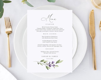 Greenery Purple Wedding Menu Template, Lavender Wedding Menu, Floral Wedding Menu Printable, Templett, #B125