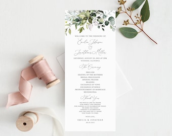 Greenery Wedding Program Template, Garden Wedding Program Printable, Templett, #B32