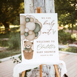 Sage Grün Babyparty Willkommensschild, Wir können Bärenbabyparty warten, Heißluftballon-Teddybär-Babyparty-Zeichen Geschlechtsneutral Willkommen B233