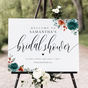 Teal Orange Wedding Welcome Sign Template, Teal and Orange Welcome Sign, Floral Wedding Welcome Sign, Templett, #B148