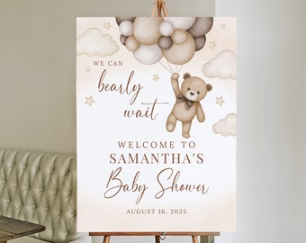 Signo de bienvenida del baby shower del osito de peluche, podemos esperar con firmeza el signo del baby shower, signo de baby shower neutral de género editable globos baby shower B174