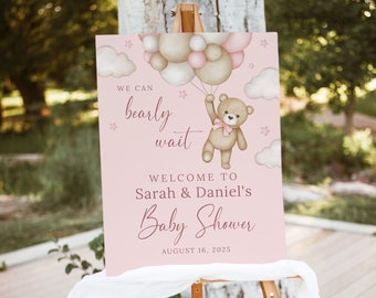 Blush Pink Baby Girl Shower Willkommensschild, Wir können Bären-Babyparty-Zeichen warten, bearbeitbare Boho-Babyparty-Ballons Zeichen, B179